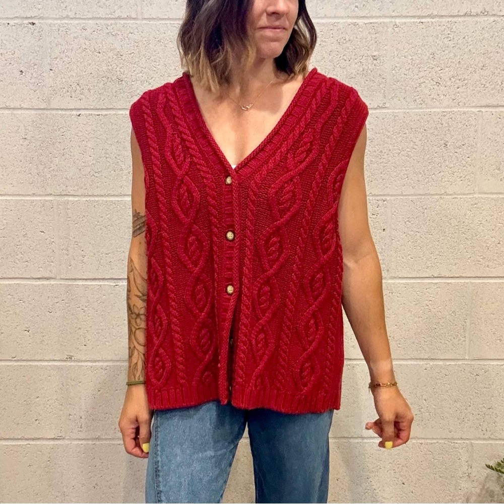Eddie Bauer Red Cable Knit Button Front Vest